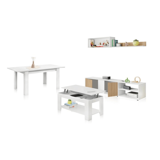 Pack salón Iris Max con mesa de centro y mesa de comedor Blanco Artik (Blanco Mate) - Natur 180 x 40 x 33 cm