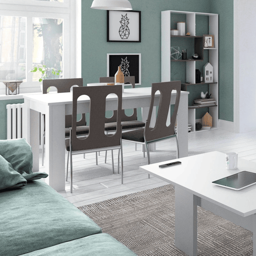 Pack salón Iris Max con mesa de centro y mesa de comedor Blanco Artik (Blanco Mate) - Natur 180 x 40 x 33 cm
