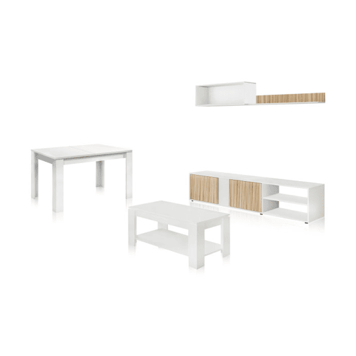 Pack salón Iris Max con mesa de centro y mesa de comedor Blanco Artik (Blanco Mate) - Natur 180 x 40 x 33 cm