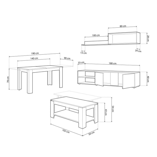 Pack salón Iris Max con mesa de centro y mesa de comedor Blanco Artik (Blanco Mate) - Natur 180 x 40 x 33 cm