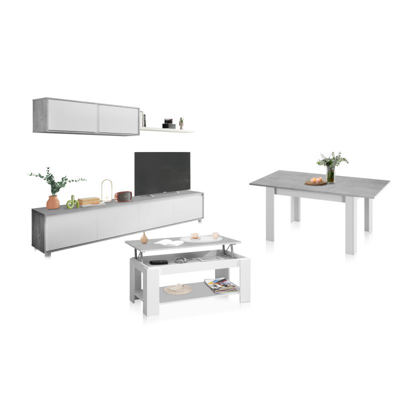 Pack salón con mesa de centro y mesa de comedor arlet max blanco artik (blanco mate) - gris cemento 200 x 43 x 41 cm