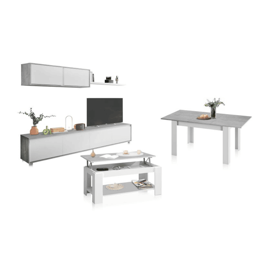 Pack salón con mesa de centro y mesa de comedor Arlet Branco Artik (Branco mate) - Cinzento Cimento 200 x 43 x 41 cm