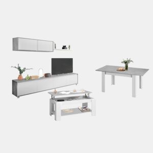 Pack salón con mesa de centro y mesa de comedor Arlet Branco Artik (Branco mate) - Cinzento Cimento 200 x 43 x 41 cm