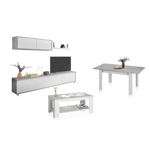 Pack salón con mesa de centro y mesa de comedor Arlet Branco Artik (Branco mate) - Cinzento Cimento 200 x 43 x 41 cm