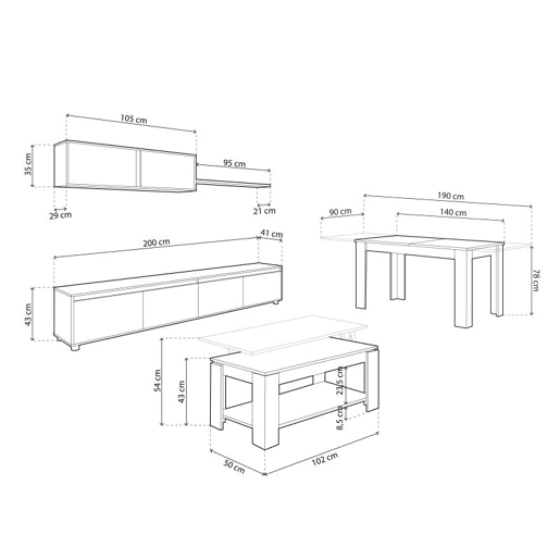Pack salón con mesa de centro y mesa de comedor Arlet Branco Artik (Branco mate) - Cinzento Cimento 200 x 43 x 41 cm
