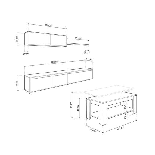 Pack sala de estar com mesa de centro Arlet Branco Artik (Branco mate) - Cinzento Cimento 200 x 43 x 41 cm
