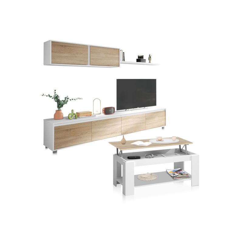 Pack salón con mesa de centro arlet plus blanco artik (blanco mate) - roble canadian 200 x 43 x 41 cm