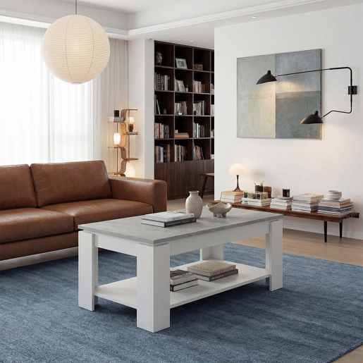 Mesa de centro com arrumação 102x43-54 cm Lya Branco Artik (Branco mate) - Cinzento Cimento 50 x 54 x 50 cm