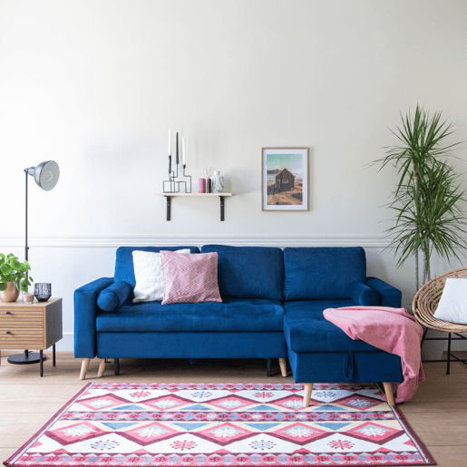 Sofá cama esquinero de 3 plazas JAMES en terciopelo azul