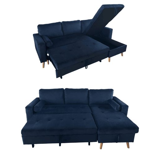 Sofá cama esquinero de 3 plazas JAMES en terciopelo azul
