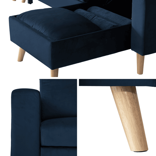 Sofá cama esquinero de 3 plazas JAMES en terciopelo azul
