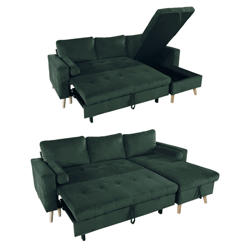 Sofá cama esquinero de 3 plazas JAMES de terciopelo verde