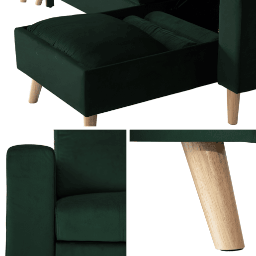 Sofá cama esquinero de 3 plazas JAMES de terciopelo verde