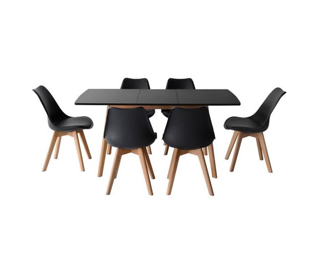 Mesa extensible 120-160cm HELGA y 6 sillas NORA negro
