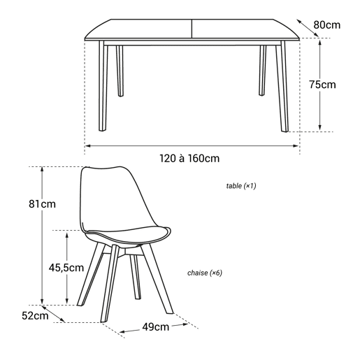 Conjunto de mesa extensible 120-160cm HELGA y 6 sillas NORA