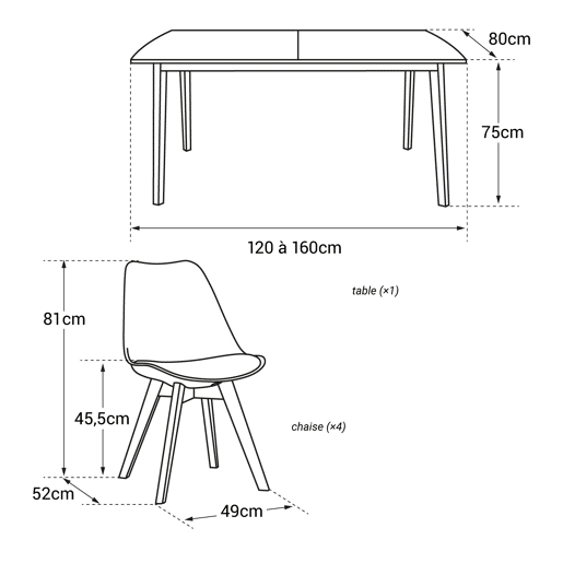 Conjunto de mesa extensible HELGA 120 - 160cm y 4 sillas NORA