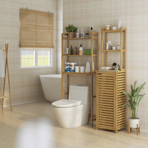 kleankin Estante sobre Sanita de Bambu Estante Casa de Banho com 3 Prateleiras Pés com Almofadas Antiderrapantes e Anti-Tombo Estilo Moderno 68x20x135 cm Madeira