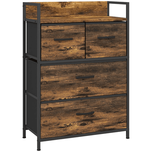 HOMCOM Cómoda de Quarto Armário de Armazenamento com 4 Gavetas Dobráveis Prateleira Aberta e Estrutura de Aço para Sala Entrada 60x29x85 cm Castanho Rústico