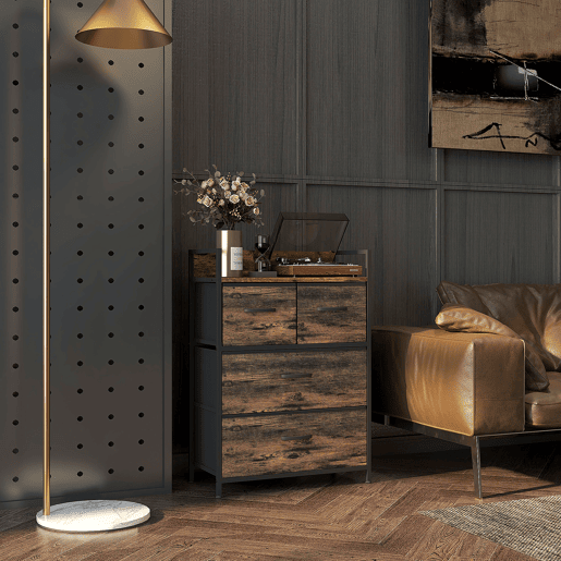 HOMCOM Cómoda de Quarto Armário de Armazenamento com 4 Gavetas Dobráveis Prateleira Aberta e Estrutura de Aço para Sala Entrada 60x29x85 cm Castanho Rústico