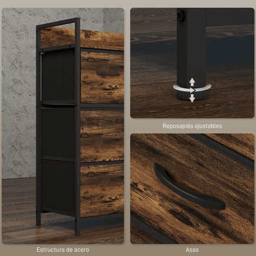 HOMCOM Cómoda de Quarto Armário de Armazenamento com 4 Gavetas Dobráveis Prateleira Aberta e Estrutura de Aço para Sala Entrada 60x29x85 cm Castanho Rústico