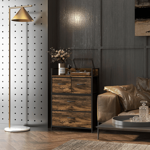HOMCOM Cómoda de Quarto Armário de Armazenamento com 4 Gavetas Dobráveis Prateleira Aberta e Estrutura de Aço para Sala Entrada 60x29x85 cm Castanho Rústico