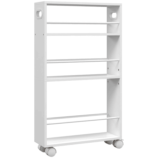 HOMCOM Carrinho Auxiliar Slim de 3 Níveis com Rodas, Laterais com Proteção e Pegas para Cozinha, Sala, Casa de Banho, 45x15x80 cm, Branco