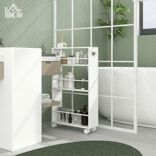 HOMCOM Carrinho Auxiliar Slim de 3 Níveis com Rodas, Laterais com Proteção e Pegas para Cozinha, Sala, Casa de Banho, 45x15x80 cm, Branco