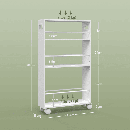 HOMCOM Carrinho Auxiliar Slim de 3 Níveis com Rodas, Laterais com Proteção e Pegas para Cozinha, Sala, Casa de Banho, 45x15x80 cm, Branco
