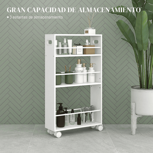 HOMCOM Carrinho Auxiliar Slim de 3 Níveis com Rodas, Laterais com Proteção e Pegas para Cozinha, Sala, Casa de Banho, 45x15x80 cm, Branco