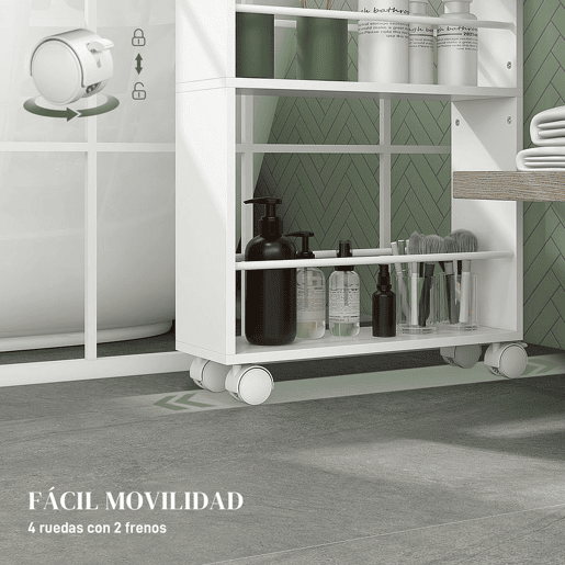 HOMCOM Carrinho Auxiliar Slim de 3 Níveis com Rodas, Laterais com Proteção e Pegas para Cozinha, Sala, Casa de Banho, 45x15x80 cm, Branco