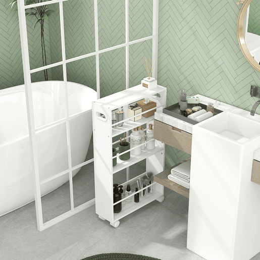 HOMCOM Carrinho Auxiliar Slim de 3 Níveis com Rodas, Laterais com Proteção e Pegas para Cozinha, Sala, Casa de Banho, 45x15x80 cm, Branco