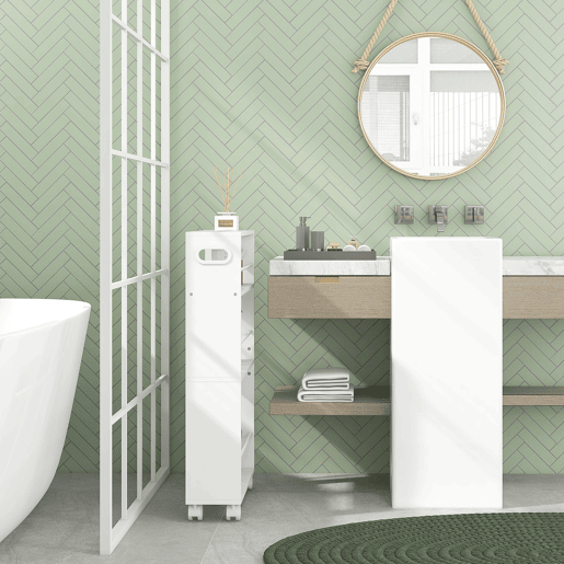 HOMCOM Carrinho Auxiliar Slim de 3 Níveis com Rodas, Laterais com Proteção e Pegas para Cozinha, Sala, Casa de Banho, 45x15x80 cm, Branco