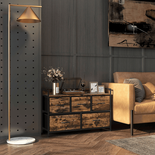 HOMCOM Cómoda com 5 Gavetas de Tecido Cómoda de Estilo Industrial com Estrutura Metálica para Sala de Estar Entrada Quarto 98x29x63 cm Castanho Rústico