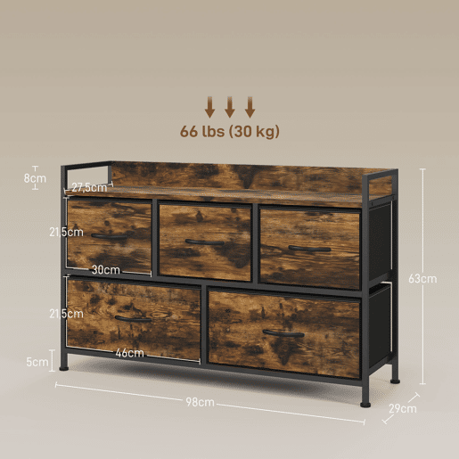 HOMCOM Cómoda com 5 Gavetas de Tecido Cómoda de Estilo Industrial com Estrutura Metálica para Sala de Estar Entrada Quarto 98x29x63 cm Castanho Rústico