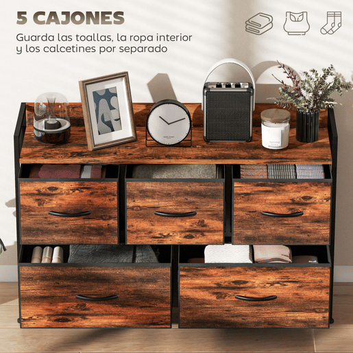 HOMCOM Cómoda com 5 Gavetas de Tecido Cómoda de Estilo Industrial com Estrutura Metálica para Sala de Estar Entrada Quarto 98x29x63 cm Castanho Rústico