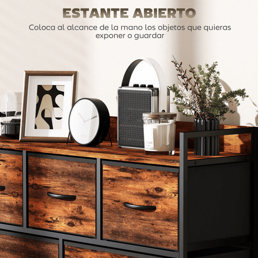 HOMCOM Cómoda com 5 Gavetas de Tecido Cómoda de Estilo Industrial com Estrutura Metálica para Sala de Estar Entrada Quarto 98x29x63 cm Castanho Rústico