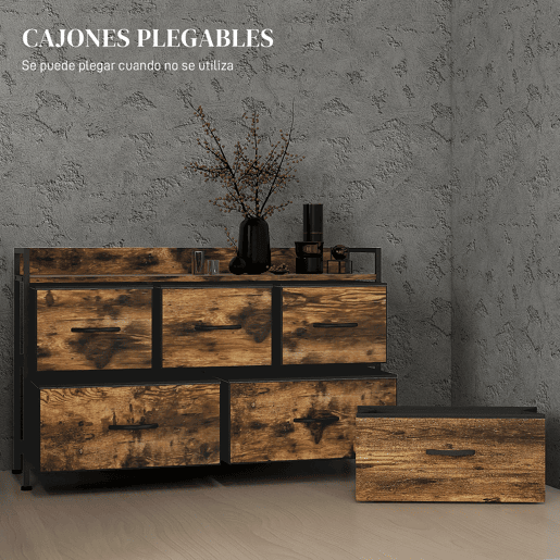 HOMCOM Cómoda com 5 Gavetas de Tecido Cómoda de Estilo Industrial com Estrutura Metálica para Sala de Estar Entrada Quarto 98x29x63 cm Castanho Rústico