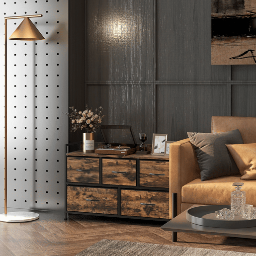 HOMCOM Cómoda com 5 Gavetas de Tecido Cómoda de Estilo Industrial com Estrutura Metálica para Sala de Estar Entrada Quarto 98x29x63 cm Castanho Rústico