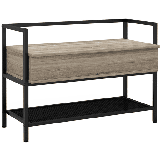 HOMCOM Banco Sapateira com Tampa Dobrável Móvel para Sapatos com Banco Compartimento Oculto e Prateleira Inferior de Malha para 4 Pares de Sapatos para Corredor Sala de Estar 84x39,5x61 cm Preto e Madeira