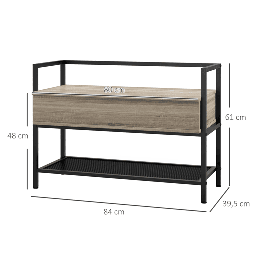 HOMCOM Banco Sapateira com Tampa Dobrável Móvel para Sapatos com Banco Compartimento Oculto e Prateleira Inferior de Malha para 4 Pares de Sapatos para Corredor Sala de Estar 84x39,5x61 cm Preto e Madeira