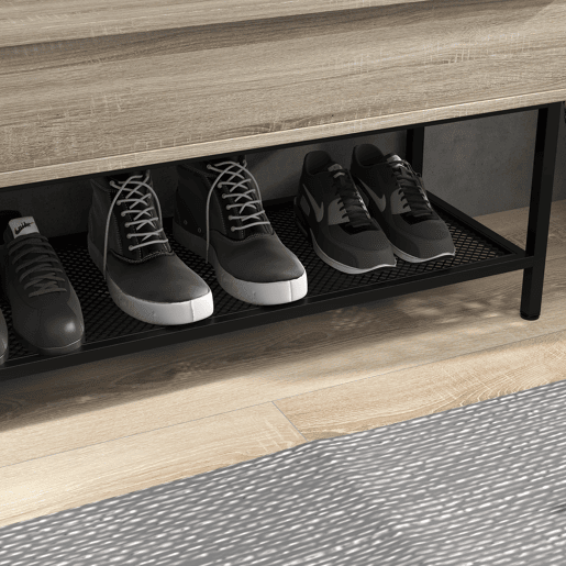 HOMCOM Banco Sapateira com Tampa Dobrável Móvel para Sapatos com Banco Compartimento Oculto e Prateleira Inferior de Malha para 4 Pares de Sapatos para Corredor Sala de Estar 84x39,5x61 cm Preto e Madeira