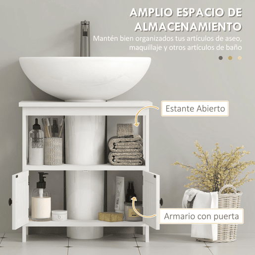 kleankin Móvel para Lavatório Pousar com Armário de 2 Portas Estante Aberto e Estante Ajustável Interior Carga 30 kg 60x30x60 cm Branco
