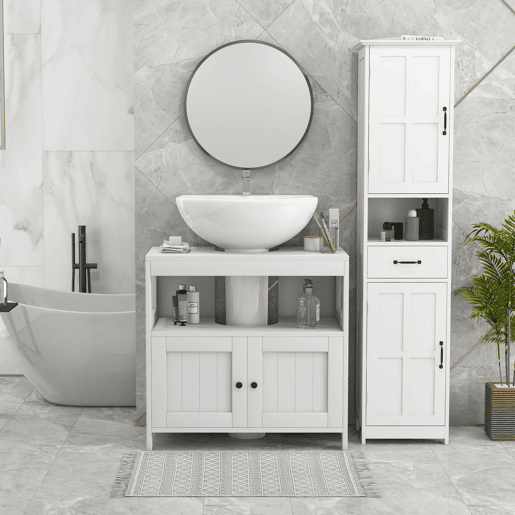 kleankin Móvel para Lavatório Pousar com Armário de 2 Portas Estante Aberto e Estante Ajustável Interior Carga 30 kg 60x30x60 cm Branco
