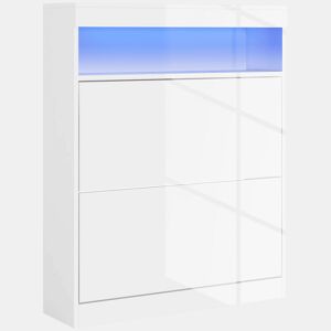 HOMCOM Móvel Sapateira de Entrada Armário Sapateira com Luzes LED Prateleira Aberta e 2 Gavetas Basculantes para 12-16 Pares de Sapatos 80x24x99,5 cm Branco Brilhante