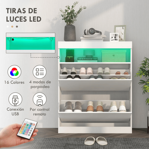HOMCOM Móvel Sapateira de Entrada Armário Sapateira com Luzes LED Prateleira Aberta e 2 Gavetas Basculantes para 12-16 Pares de Sapatos 80x24x99,5 cm Branco Brilhante