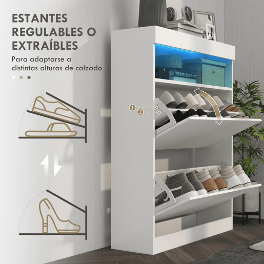 HOMCOM Móvel Sapateira de Entrada Armário Sapateira com Luzes LED Prateleira Aberta e 2 Gavetas Basculantes para 12-16 Pares de Sapatos 80x24x99,5 cm Branco Brilhante
