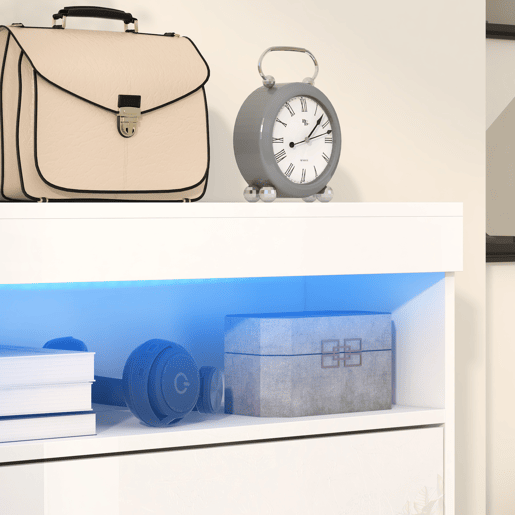 HOMCOM Móvel Sapateira de Entrada Armário Sapateira com Luzes LED Prateleira Aberta e 2 Gavetas Basculantes para 12-16 Pares de Sapatos 80x24x99,5 cm Branco Brilhante