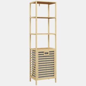 HOMCOM Estante de Casa de Banho em Bambu Estante de Armazenamento de Casa de Banho com 3 Prateleiras e 1 Cesto para Roupa Suja Removível 44x33x160 cm Natural