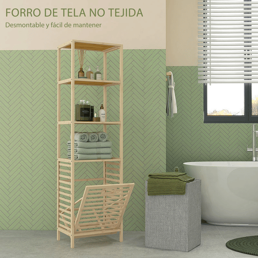 HOMCOM Estante de Casa de Banho em Bambu Estante de Armazenamento de Casa de Banho com 3 Prateleiras e 1 Cesto para Roupa Suja Removível 44x33x160 cm Natural