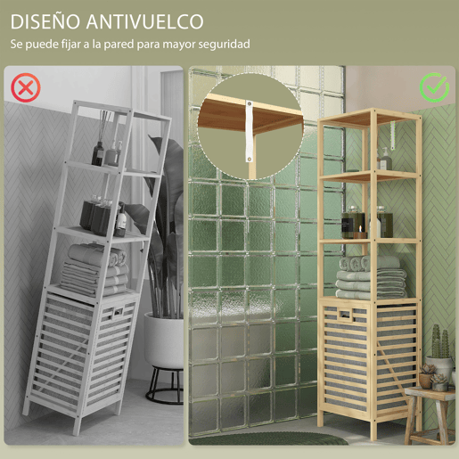 HOMCOM Estante de Casa de Banho em Bambu Estante de Armazenamento de Casa de Banho com 3 Prateleiras e 1 Cesto para Roupa Suja Removível 44x33x160 cm Natural